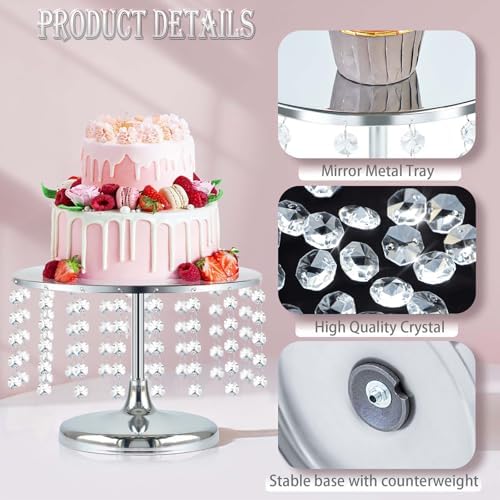 2 Pcs Silver Metal Mirror Cake Stand Set with Crystal Pendants - 11.8"W Elegant Dessert Table Display for, alternate view 4