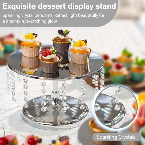 2 Pcs Silver Metal Mirror Cake Stand Set with Crystal Pendants - 11.8"W Elegant Dessert Table Display for, alternate view 5