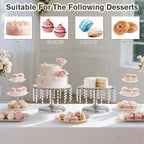 2 Pcs Silver Metal Mirror Cake Stand Set with Crystal Pendants - 11.8"W Elegant Dessert Table Display for, alternate view 6
