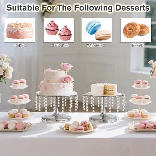 2 Pcs Silver Metal Mirror Cake Stand Set with Crystal Pendants - 11.8"W Elegant Dessert Table Display for, alternate view 6
