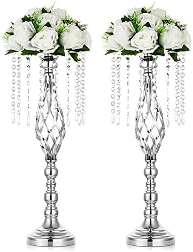2 Pcs Silver Wedding Centerpieces Flower Stand,55cm Height Wedding Road Lead Flower Vases, Crystal Artificial
