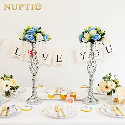 2 Pcs Silver Wedding Centerpieces Flower Stand,55cm Height Wedding Road Lead Flower Vases, Crystal Artificial, alternate view