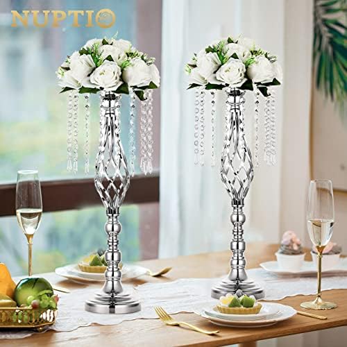 2 Pcs Silver Wedding Centerpieces Flower Stand,55cm Height Wedding Road Lead Flower Vases, Crystal Artificial, alternate view