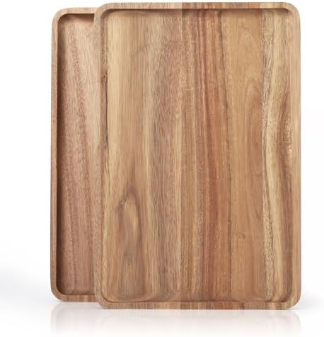 2 PCS Solid Acacia Wood Serving Trays 13 * 9 inch Rectangular Wooden Serving Platters Natural Wooden Boards for