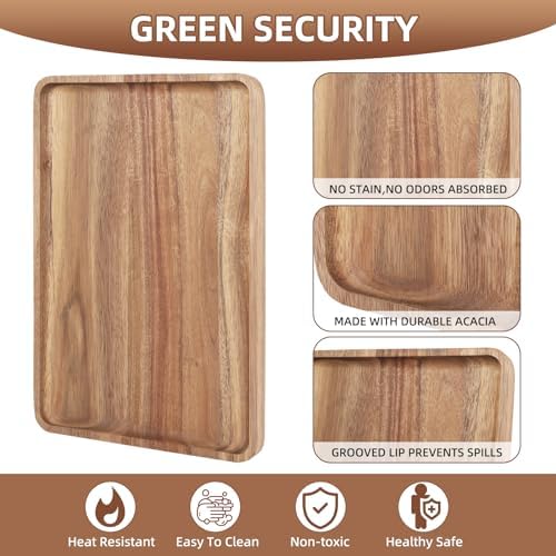 2 PCS Solid Acacia Wood Serving Trays 13 * 9 inch Rectangular Wooden Serving Platters Natural Wooden Boards for, alternate
