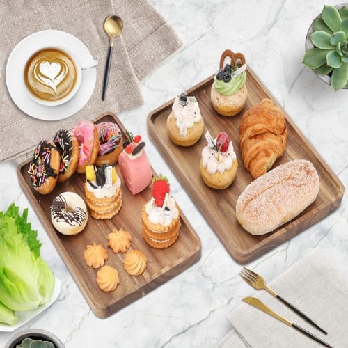2 PCS Solid Acacia Wood Serving Trays 13 * 9 inch Rectangular Wooden Serving Platters Natural Wooden Boards for, alternate