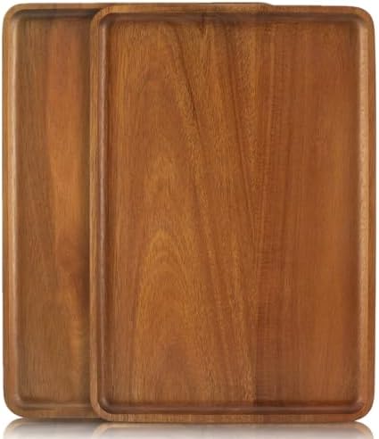 2 PCS Solid Acacia Wood Serving Trays 16 * 12 inch Rectangular Wooden Serving Platters Natural Wooden Boards for