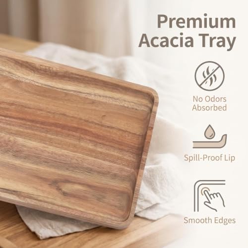 2 PCS Solid Acacia Wood Serving Trays Rectangular Wooden Serving Platters Natural Wooden Boards for Bar Coffee, alternate