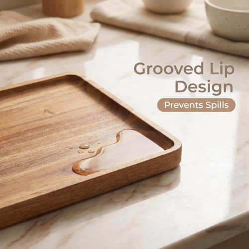 2 PCS Solid Acacia Wood Serving Trays Rectangular Wooden Serving Platters Natural Wooden Boards for Bar Coffee, alternate