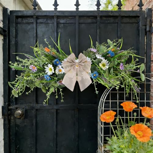 2 Pcs Spring Floral Teardrop Swags 24" Wildflower & Daisy Swag Decor with Linen Bows, Artificial Summer Greenery