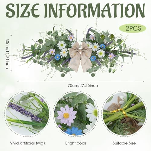 2 Pcs Spring Floral Teardrop Swags 24" Wildflower & Daisy Swag Decor with Linen Bows, Artificial Summer Greenery, alternate