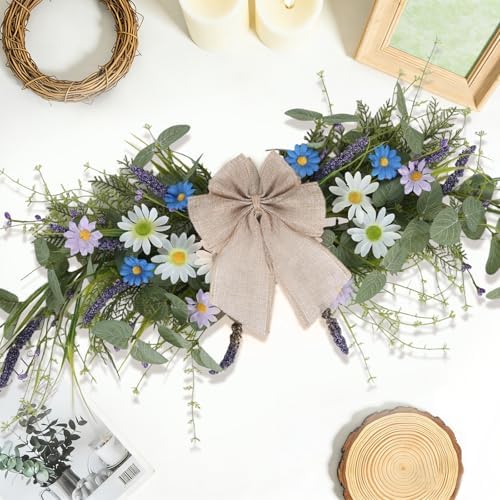 2 Pcs Spring Floral Teardrop Swags 24" Wildflower & Daisy Swag Decor with Linen Bows, Artificial Summer Greenery, alternate
