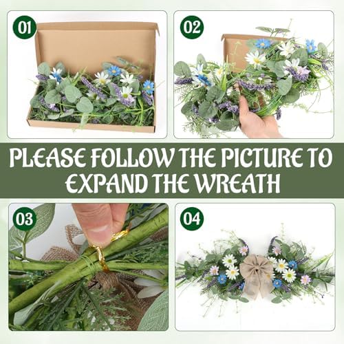 2 Pcs Spring Floral Teardrop Swags 24" Wildflower & Daisy Swag Decor with Linen Bows, Artificial Summer Greenery, alternate
