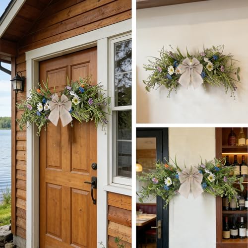 2 Pcs Spring Floral Teardrop Swags 24" Wildflower & Daisy Swag Decor with Linen Bows, Artificial Summer Greenery, alternate