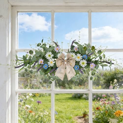 2 Pcs Spring Floral Teardrop Swags 24" Wildflower & Daisy Swag Decor with Linen Bows, Artificial Summer Greenery, alternate