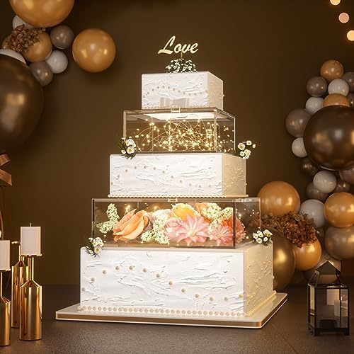 2 Pcs Square Clear Acrylic Fillable Cake Stand with 2M LED Lights in 12 x12 x 4, 8 x 8 x 4 inch in Transparent