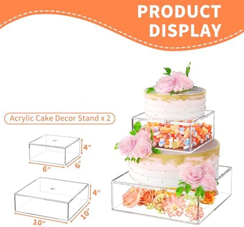 2 Pcs Square Clear Acrylic Fillable Cake Stand with 2M LED Lights in 12 x12 x 4, 8 x 8 x 4 inch in Transparent, alternate