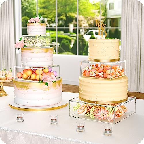 2 Pcs Square Clear Acrylic Fillable Cake Stand with 2M LED Lights in 12 x12 x 4, 8 x 8 x 4 inch in Transparent, alternate
