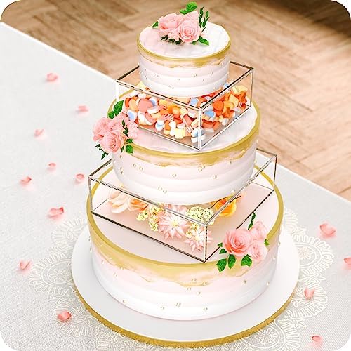 2 Pcs Square Clear Acrylic Fillable Cake Stand with 2M LED Lights in 12 x12 x 4, 8 x 8 x 4 inch in Transparent, alternate