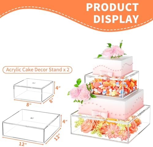 2 Pcs Square Clear Acrylic Fillable Cake Stand with Lid in 12 x12 x 4, 8 x 8 x 4 inch in Clear, alternate view 2