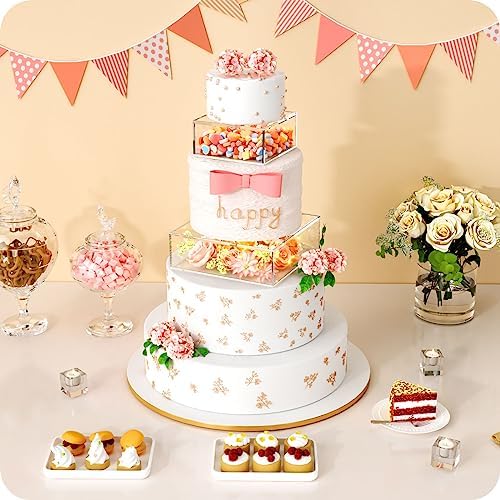 2 Pcs Square Clear Acrylic Fillable Cake Stand with Lid in 12 x12 x 4, 8 x 8 x 4 inch in Clear, alternate view 5