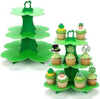 2 Pcs St Patrick's Day Cupcake Stand 3 Tier Green 4 Leaf Clover Cupcake Holder Lucky Shamrock Cardboard Irish