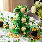 2 Pcs St Patrick's Day Cupcake Stand 3 Tier Green 4 Leaf Clover Cupcake Holder Lucky Shamrock Cardboard Irish, alternate view