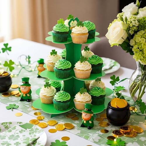 2 Pcs St Patrick's Day Cupcake Stand 3 Tier Green 4 Leaf Clover Cupcake Holder Lucky Shamrock Cardboard Irish, alternate view