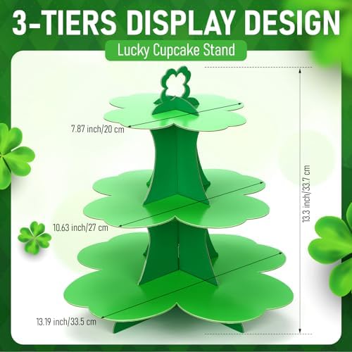 2 Pcs St Patrick's Day Cupcake Stand 3 Tier Green 4 Leaf Clover Cupcake Holder Lucky Shamrock Cardboard Irish, alternate view