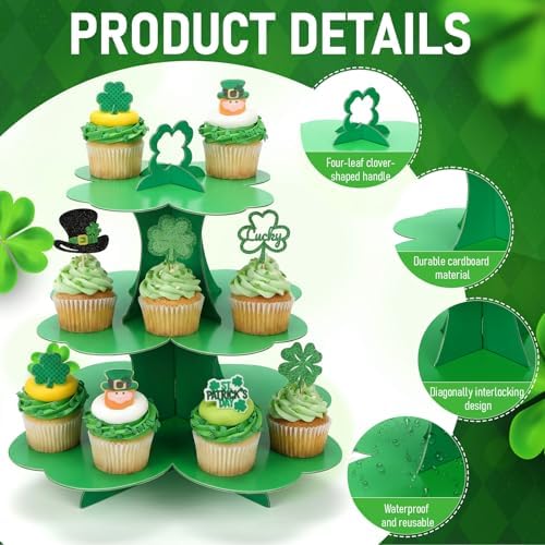 2 Pcs St Patrick's Day Cupcake Stand 3 Tier Green 4 Leaf Clover Cupcake Holder Lucky Shamrock Cardboard Irish, alternate view