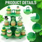 2 Pcs St Patrick's Day Cupcake Stand 3 Tier Green 4 Leaf Clover Cupcake Holder Lucky Shamrock Cardboard Irish, alternate view
