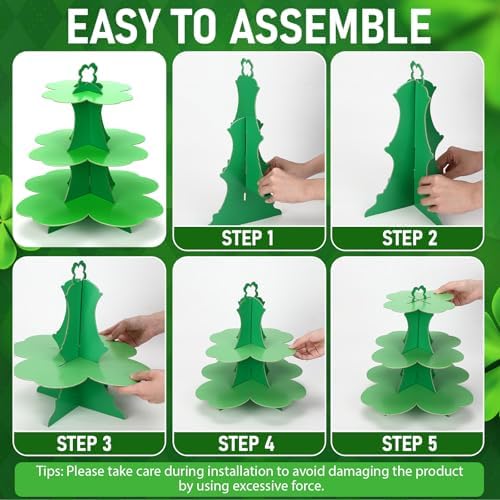 2 Pcs St Patrick's Day Cupcake Stand 3 Tier Green 4 Leaf Clover Cupcake Holder Lucky Shamrock Cardboard Irish, alternate view