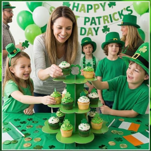 2 Pcs St Patrick's Day Cupcake Stand 3 Tier Green 4 Leaf Clover Cupcake Holder Lucky Shamrock Cardboard Irish, alternate view