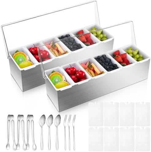 2 Pcs Stainless Steel 6Slot Chilled Condiment Caddy with 4 Ice Boxes