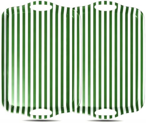 2 Pcs Stripe Serving Trays with Handle Green White Melamine Rectangular Trays Reusable Decorative Food Serving