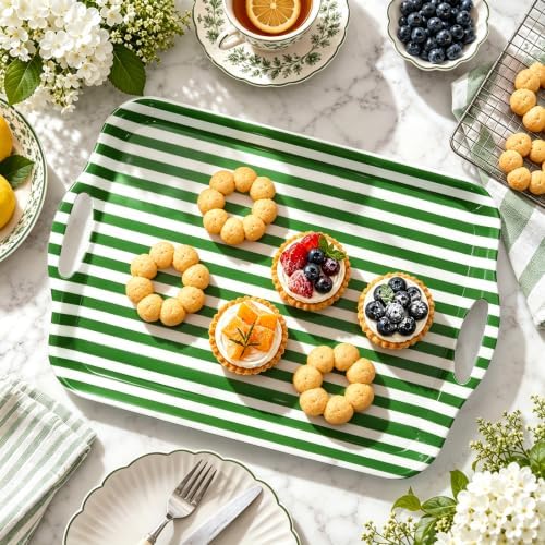 2 Pcs Stripe Serving Trays with Handle Green White Melamine Rectangular Trays Reusable Decorative Food Serving, alternate