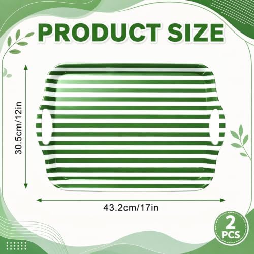 2 Pcs Stripe Serving Trays with Handle Green White Melamine Rectangular Trays Reusable Decorative Food Serving, alternate