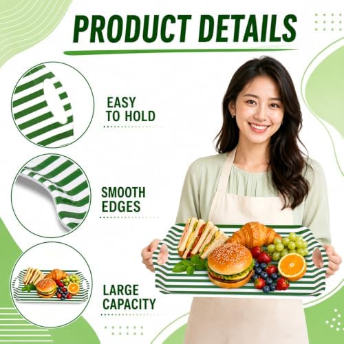 2 Pcs Stripe Serving Trays with Handle Green White Melamine Rectangular Trays Reusable Decorative Food Serving, alternate