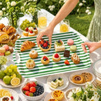 2 Pcs Stripe Serving Trays with Handle Green White Melamine Rectangular Trays Reusable Decorative Food Serving, alternate