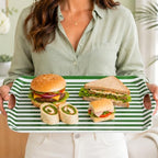 2 Pcs Stripe Serving Trays with Handle Green White Melamine Rectangular Trays Reusable Decorative Food Serving, alternate