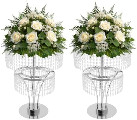 2 PCS Wedding Vases Centerpieces, 21" Tall Crystal Flower Stand in Silver