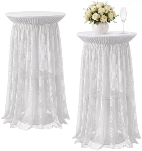 2 Pcs White Cocktail Table Covers with Lace Skirts 32 x 43 Inch in 32 x 43 Inch
