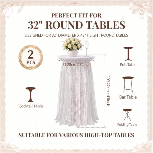 2 Pcs White Cocktail Table Covers with Lace Skirts 32 x 43 Inch in 32 x 43 Inch, alternate view 3