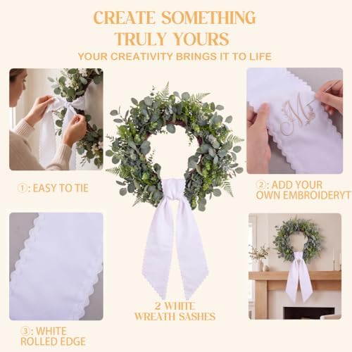 2 Pcs White Rolled Edge Wreath Sash Ties,4.5"*55.1, alternate view 4