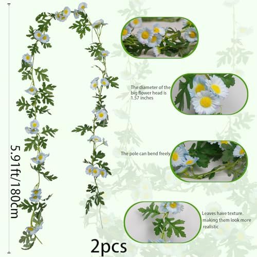 2 Pcs Wildflower Garland Spring Flowers Garland 12 FT Blue Artificial Daisy Flowers and Leaves Faux Floral Vine, alternate