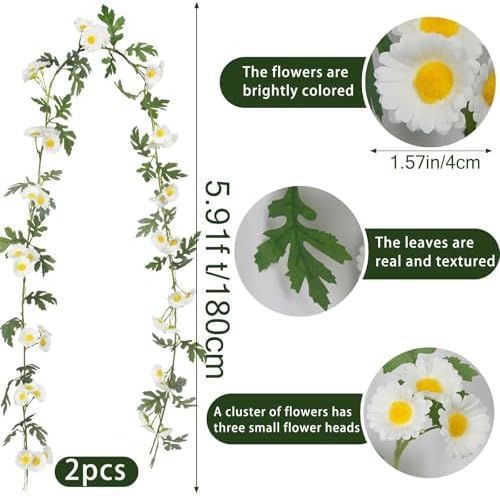 2 Pcs Wildflower Garland Spring Flowers Garland 12 FT White Artificial Daisy Flowers and Leaves Faux Floral Vine, alternate