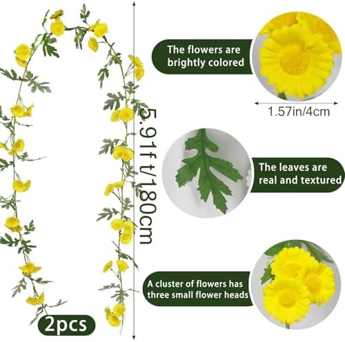 2 Pcs Wildflower Garland Spring Flowers Garland Yellow Artificial Daisy Flowers and Leaves Faux Floral Vine for, alternate