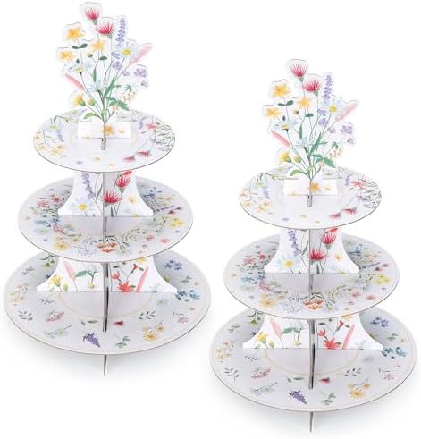 2 Pcs Wildflower Party Decorations 3 Tier Floral Cupcake Stand in Bright Color