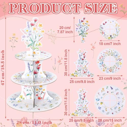 2 Pcs Wildflower Party Decorations 3 Tier Floral Cupcake Stand in Bright Color, alternate view 3