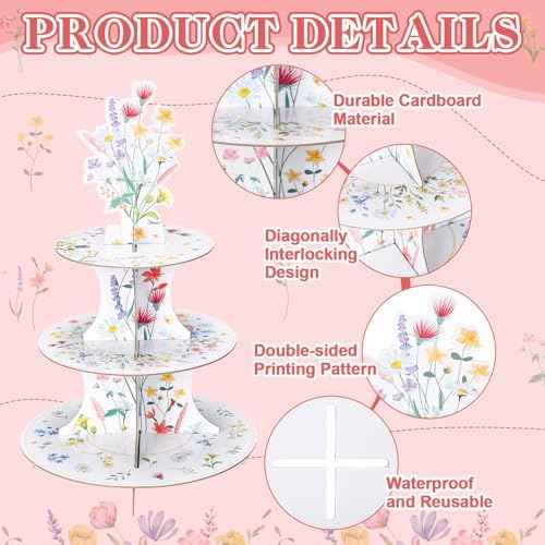 2 Pcs Wildflower Party Decorations 3 Tier Floral Cupcake Stand in Bright Color, alternate view 4